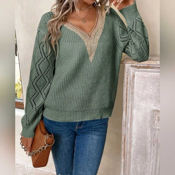 NEW Boho Lace Trim V Neck Open Pointelle Knit Sweater Top Light Green Tan - Picture 3 of 7